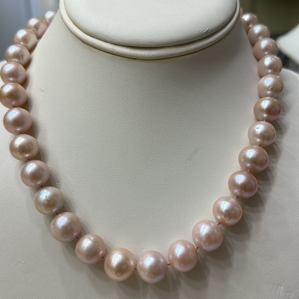 Handmade 11.4-12.7mm Natural Purple Pearl Strand Necklace 14K Gold Filled Clasp